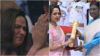 Ahana Deol broke down crying as Hema Malini accepted Dharmendra's Padma award. Ahana Deol broke down crying as Hema Malini accepted Dharmendra's Padma award.