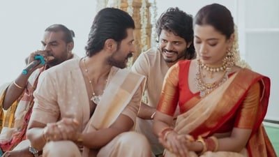 Anand Deverakonda at his brother Vijay Deverakonda and Rashmika Mandanna's wedding.
