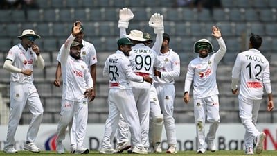 Bangladesh players celebrate after winning the second Test against Pakistan. (AFP)