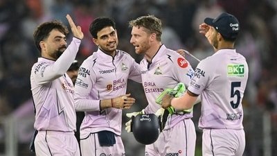 Gujarat Titans' Rashid Khan, captain India's Shubman Gill, England's Jos Buttler and India's Washington Sundar celebrate after their team's win. (AFP)