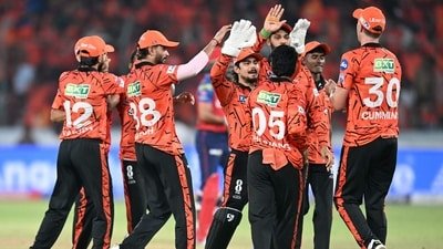 Sunrisers Hyderabad's players celebrate after the dismissal of Punjab Kings' captain Indian cricket player Shreyas Iyer during the 2026 Indian Premier League (IPL) T20 match (AFP)