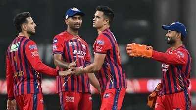 Lucknow Super Giants' Indian cricket player Arjun Tendulkar (2R) celebrates with teammates after taking the wicket of Punjab Kings' Indian cricket player Prabhsimran Singh (AFP) Lucknow Super Giants' Indian cricket player Arjun Tendulkar (2R) celebrates with teammates after taking the wicket of Punjab Kings' Indian cricket player Prabhsimran Singh (AFP)