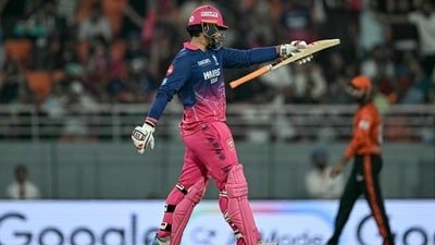 Vaibhav Sooryavanshi celebrates after scoring a half-century (50 runs) during the 2026 Indian Premier League (IPL) T20 Eliminator match between Rajasthan Royals and Sunrisers Hyderabad-- (AFP)