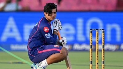 Rajasthan Royals' Indian cricket player Vaibhav Sooryavanshi offers prayers by the pitch before the start of the 2026 Indian Premier League (IPL) T20 match (AFP)
