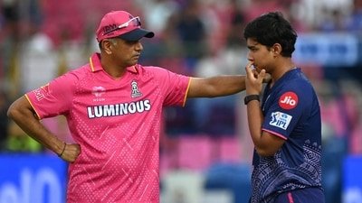 Rahul Dravid with Rajasthan Royals' Vaibhav Suryavanshi during the warm up before an IPL game last season (REUTERS)