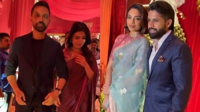 Raj Nidimoru, Samantha Ruth Prabhu, Sobhita Dhulipala and Naga Chaitanya at Simran Narang's wedding reception.