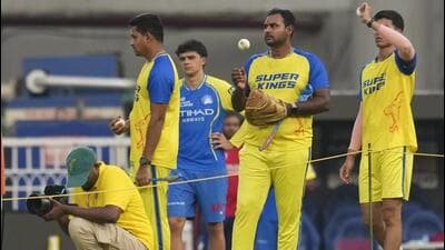 Chennai Super Kings' team members during a practice session ahead of their match against Lucknow Super Giants. (PTI)