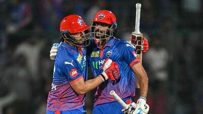 Delhi Capitals' Ashutosh Sharma (L) and captain Axar Patel celebrate their win vs Rajasthan Royals at the Arun Jaitley Stadium. (AFP)