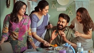 Ansiba Hassan, Meena, Mohanlal and Esther Anil in a still from Drishyam 3. Ansiba Hassan, Meena, Mohanlal and Esther Anil in a still from Drishyam 3.