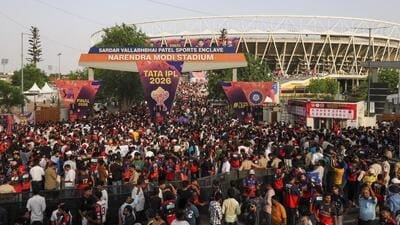 Fans arrive to attend the IPL 2026 final in Ahmedabad on Sunday. (PTI) Fans arrive to attend the IPL 2026 final in Ahmedabad on Sunday. (PTI)