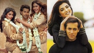 Pooja Hegde, Varun Dhawan and Mrunal Thakur in Hai Jawani Toh Ishq Hona Hai; Sushmita Sen and Salman Khan in Biwi No. 1.