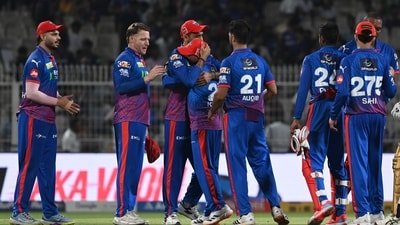 Delhi Capitals (DC) players celebrate te win  against Kolkata Knight Riders (KKR) in IPL match at Eden Gardens in Kolkata (Hindustan Times)