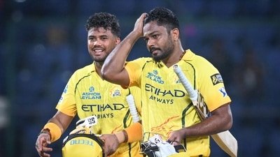 Sanju Samson (right) from Chennai Super Kings reacts after winning the match during the 2026 IPL match against Delhi Capitals (Hindustan Times)