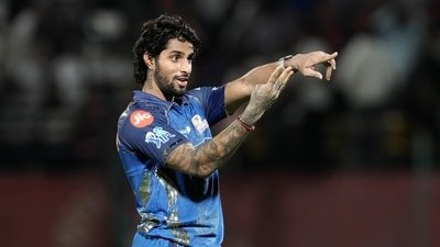 Tilak Varma celebrates with a message to Rohit Sharma. (AP Photo)