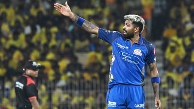 Mumbai Indians' captain Hardik Pandya arranges the field during the Indian Premier League cricket match against Chennai Super Kings (AP)