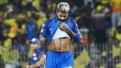 Mumbai Indians' captain Hardik Pandya reacts in the field during the Indian Premier League cricket match between Chennai Super Kings and Mumbai Indians in Chennai (AP)