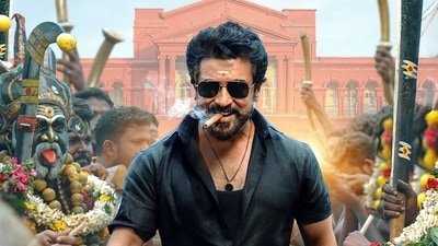 Suriya in a still from RJ Balaji's Karuppu, which will hit screens on May 14.
