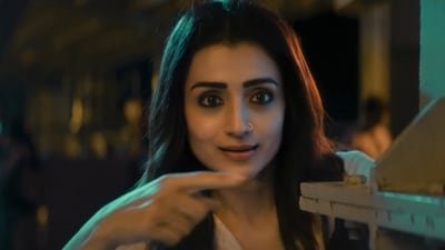 Trisha Krishnan in a still from RJ Balaji's upcoming film Karuppu.