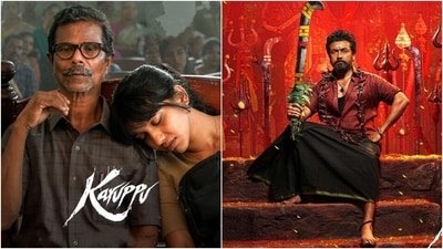 Indrans, Anagha and Suriya in stills from RJ Balaji's Karuppu.