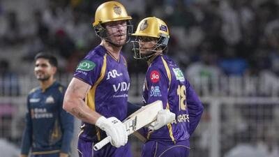 Kolkata Knight Riders' Angkrish Raghuvanshi (R) and Finn Allen take a run with Gujarat Titans skipper Shubman Gill in the background during their IPL game at the Eden Gardens, Kolkata on Saturday. (PTI) Kolkata Knight Riders' Angkrish Raghuvanshi (R) and Finn Allen take a run with Gujarat Titans skipper Shubman Gill in the background during their IPL game at the Eden Gardens, Kolkata on Saturday. (PTI)