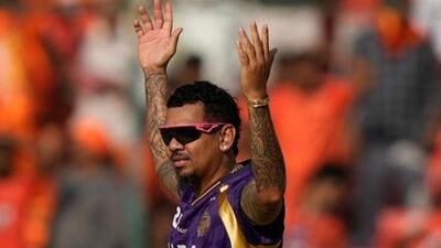 Kolkata Knight Riders spinner Sunil Narine celebrates the wicket of Sunrisers Hyderabad skipper Ishan Kishan in Sunday’s IPL match against Sunrisers Hyderabad in Hyderabad. (AP)