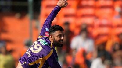 Kolkata Knight Riders spinner Varun Chakaravarthy, who took three wickets, bowls during the win over Sunrisers Hyderabad in Hyderabad on Sunday. (AP)