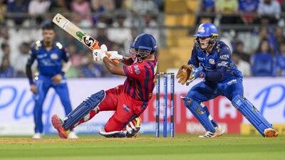 Lucknow Super Giants' captain Rishabh Pant loses his balance while playing a shot. (PTI)