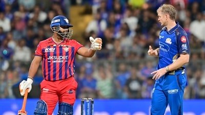Mumbai Indians' Corbin Bosch interacts with Lucknow Super Giants' captain Rishabh Pant during IPL 2026 match at Wankhede Stadium (Anshuman Poyrekar/HT Photo)