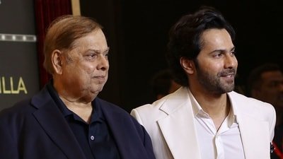 David Dhawan, left, with his son and actor Varun Dhawan, at an event earlier this year. (PTI Photo)(PTI03_26_2026_000026A) (PTI) David Dhawan, left, with his son and actor Varun Dhawan, at an event earlier this year. (PTI Photo)(PTI03_26_2026_000026A) (PTI)