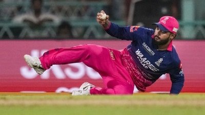 Riyan Parag completes a catch during Rajasthan Royals' match. (PTI)
