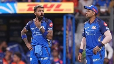 Mumbai Indians' captain Hardik Pandya, left, and Suryakumar Yadav during an Indian Premier League (IPL) 2026 T20 cricket match (PTI)
