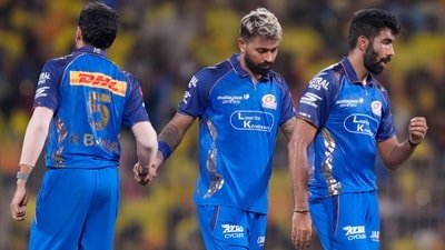 From left, Mumbai Indians' Raj Bawa, captain Hardik Pandya and Jasprit Bumrah after Chennai Super Kings won the IPL 2026 match, in Chennai (PTI)