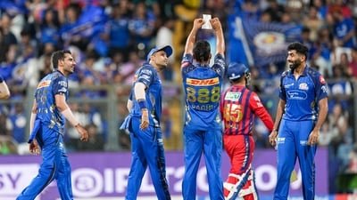 Mumbai Indians' Raghu Sharma, centre, celebrates after he dismisses Lucknow Super Giants' Akshat Raghuvanshi during an IPL 2026 game (PTI)