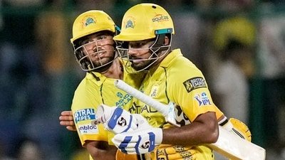 Kartik Sharma and Sanju Samson celebrate after winning the IPL 2026  match against the Delhi Capitals. (PTI)