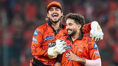 Sunrisers Hyderabad's Nitish Kumar Reddy, right, celebrates with wicketkeeper Ishan Kishan after taking the wicket of Punjab Kings' Prabhsimran Singh (PTI)