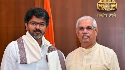Tamil Nadu Governor Rajendra Vishwanath Arlekar meets TVK chief Vijay in connection with securing an invite from the latter to form the government, at the Lok Bhavan, in Chennai, Saturday, May 9, 2026. (PTI Photo) (PTI05_09_2026_000438A) (PTI)