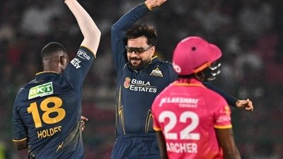 Rashid Khan after taking the wicket of Rajasthan Royals' Jofra Archer. (PTI)