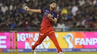 Royal Challengers Bengaluru's Bhuvneshwar Kumar bowls during an Indian Premier League (IPL) 2026 T20 cricket match against Mumbai Indians (PTI)