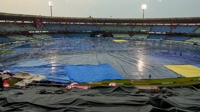 The Raipur ground remains covered as the toss is delayed between RCB and KKR. (PTI)