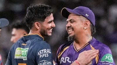 Shubman Gill looks in awe of Sunil Narine's bowling skills. (PTI)