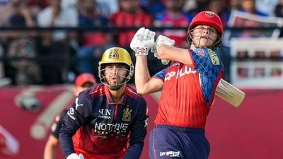 Cooper Connolly frees his arms to execute a six against Royal Challengers Bengaluru on Sunday night at Dharamsala. (PTI) Cooper Connolly frees his arms to execute a six against Royal Challengers Bengaluru on Sunday night at Dharamsala. (PTI)