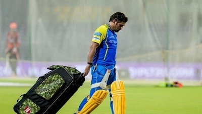 MS Dhoni during a practice session ahead of the SRH game. (PTI)