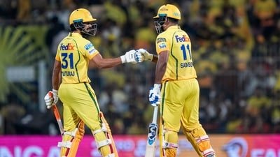 Chennai Super Kings' captain Ruturaj Gaikwad, left and Sanju Samson interact between the wickets during a Indian Premier League (IPL) 2026 T20 cricket match between Chennai Super Kings and Sunrisers Hyderabad (PTI)