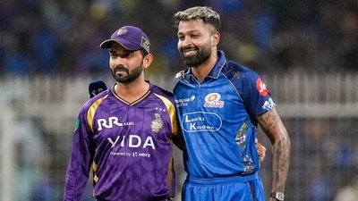 Mumbai Indians' captain Hardik Pandya, right, and Kolkata Knight Riders' captain Ajinkya Rahane during the toss (PTI)