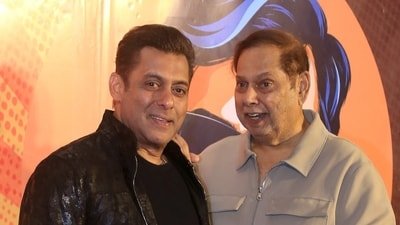 Salman Khan and David Dhawan pose at an event marking the latter's cinematic journey, in Mumbai, Maharashtra, late Saturday, May 23, 2026. (PTI Photo) (PTI)