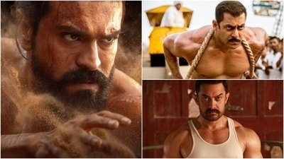 Ram Charan, Salman Khan and Aamir Khan in stills from Peddi, Sultan and Dangal.
