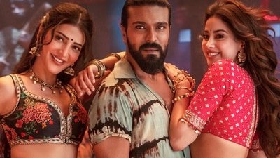 Shruti Haasan, Ram Charan and Janhvi Kapoor in a still from the song Hellallallo in Peddi. Shruti Haasan, Ram Charan and Janhvi Kapoor in a still from the song Hellallallo in Peddi.