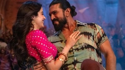Janhvi Kapoor and Ram Charan in a still from Buchi Babu Sana's Peddi. Janhvi Kapoor and Ram Charan in a still from Buchi Babu Sana's Peddi.