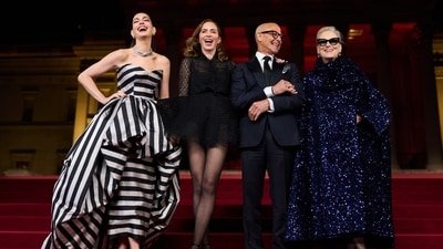 FILE - Anne Hathaway, from left, Emily Blunt, Stanley Tucci and Meryl Streep pose for photographers upon their arrival at the 'A Night With Runway: The Devil Wears Prada 2' photo call in London, April 22, 2026. (Photo by Scott A Garfitt/Invision/AP File) (Scott A Garfitt/Invision/AP)