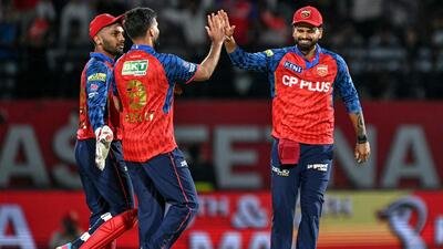 Punjab Kings' captain Shreyas Iyer (R) celebrates with teammates during the match against Mumbai Indians. (AFP) Punjab Kings' captain Shreyas Iyer (R) celebrates with teammates during the match against Mumbai Indians. (AFP)